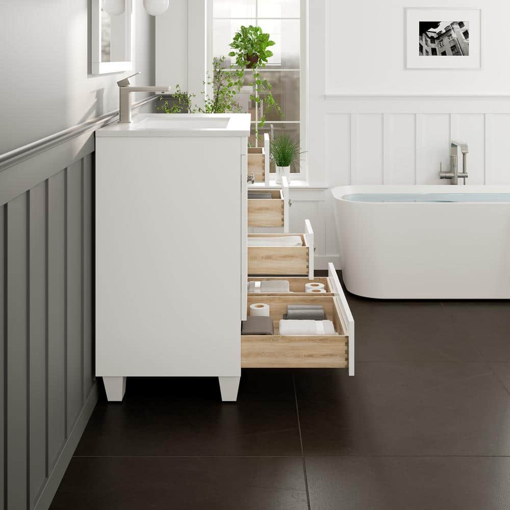 Eviva Happy 30 in. W x 18 in. D x 34 in. H Bathroom Vanity in Gray with White Carrara Marble Top and White Sink