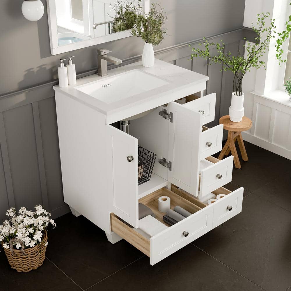 Eviva Happy 30 in. W x 18 in. D x 34 in. H Bathroom Vanity in Gray with White Carrara Marble Top and White Sink