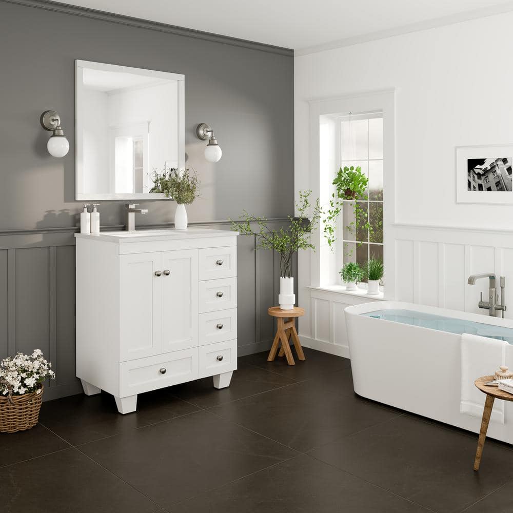 Eviva Happy 30 in. W x 18 in. D x 34 in. H Bathroom Vanity in Gray with White Carrara Marble Top and White Sink