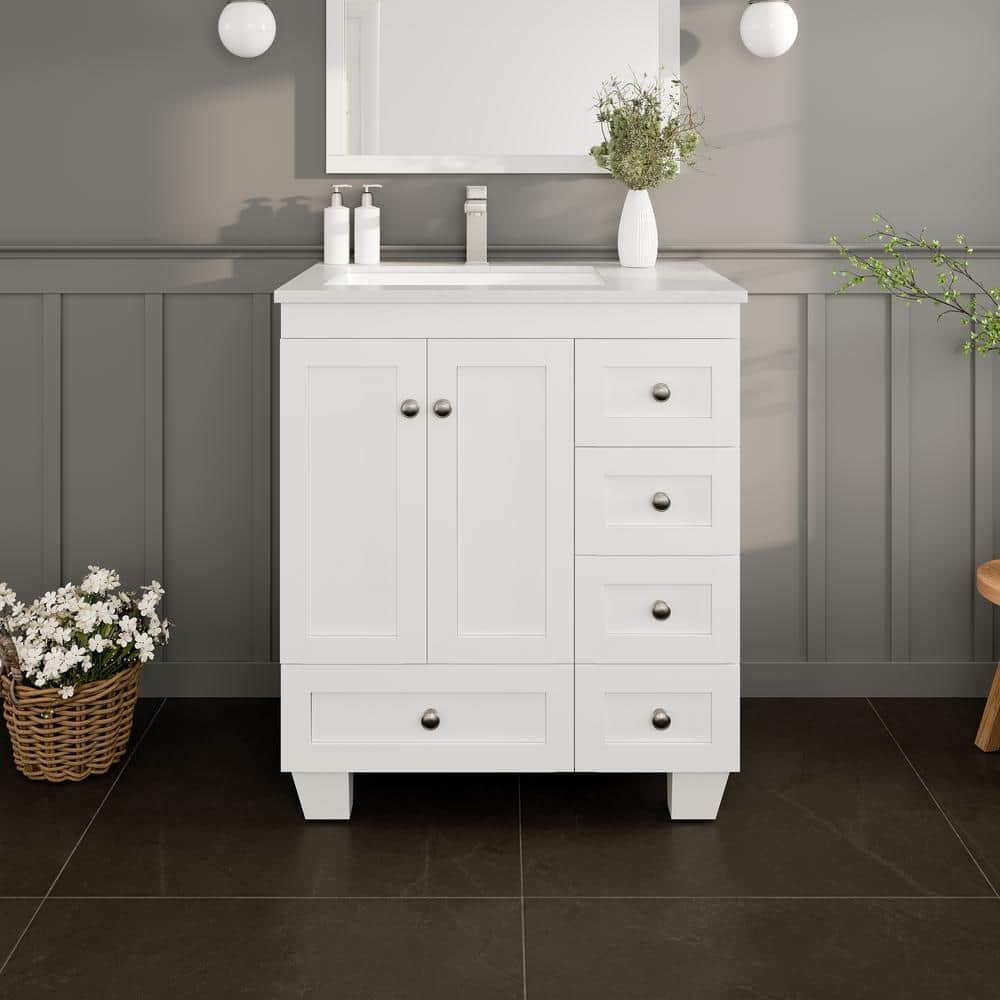 Eviva Happy 30 in. W x 18 in. D x 34 in. H Bathroom Vanity in Gray with White Carrara Marble Top and White Sink