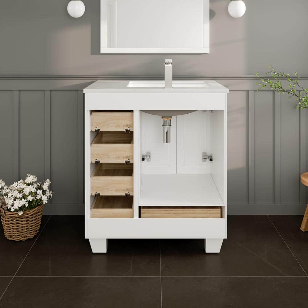 Eviva Happy 30 in. W x 18 in. D x 34 in. H Bathroom Vanity in Gray with White Carrara Marble Top and White Sink