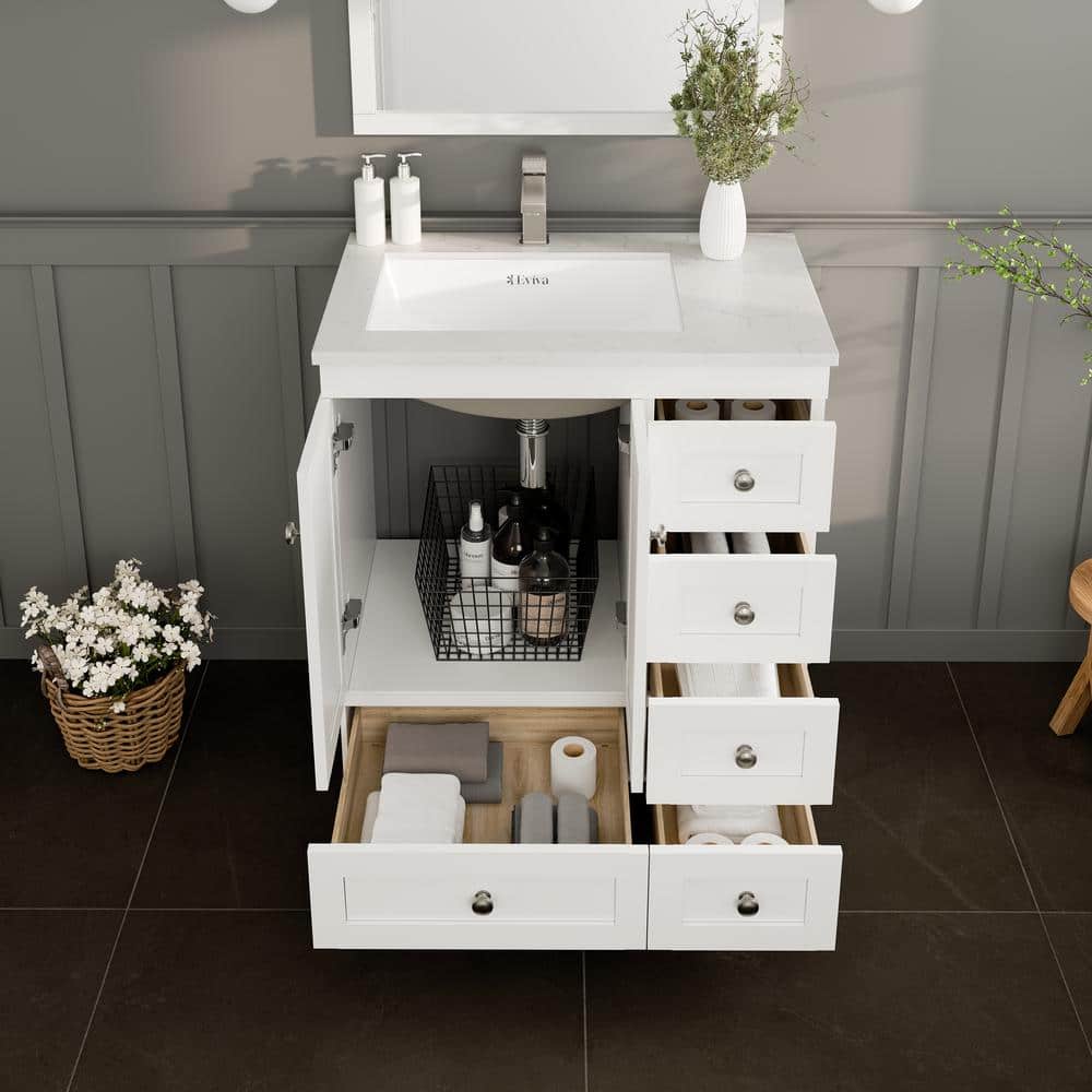 Eviva Happy 30 in. W x 18 in. D x 34 in. H Bathroom Vanity in Gray with White Carrara Marble Top and White Sink