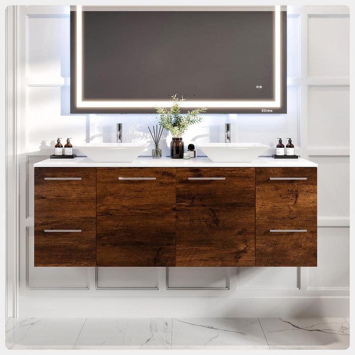 Eviva Luxurious 60 in. W x 22 in. D x 26 in. H Floating Bath Vanity in Rosewood with White Tempered Glass Top