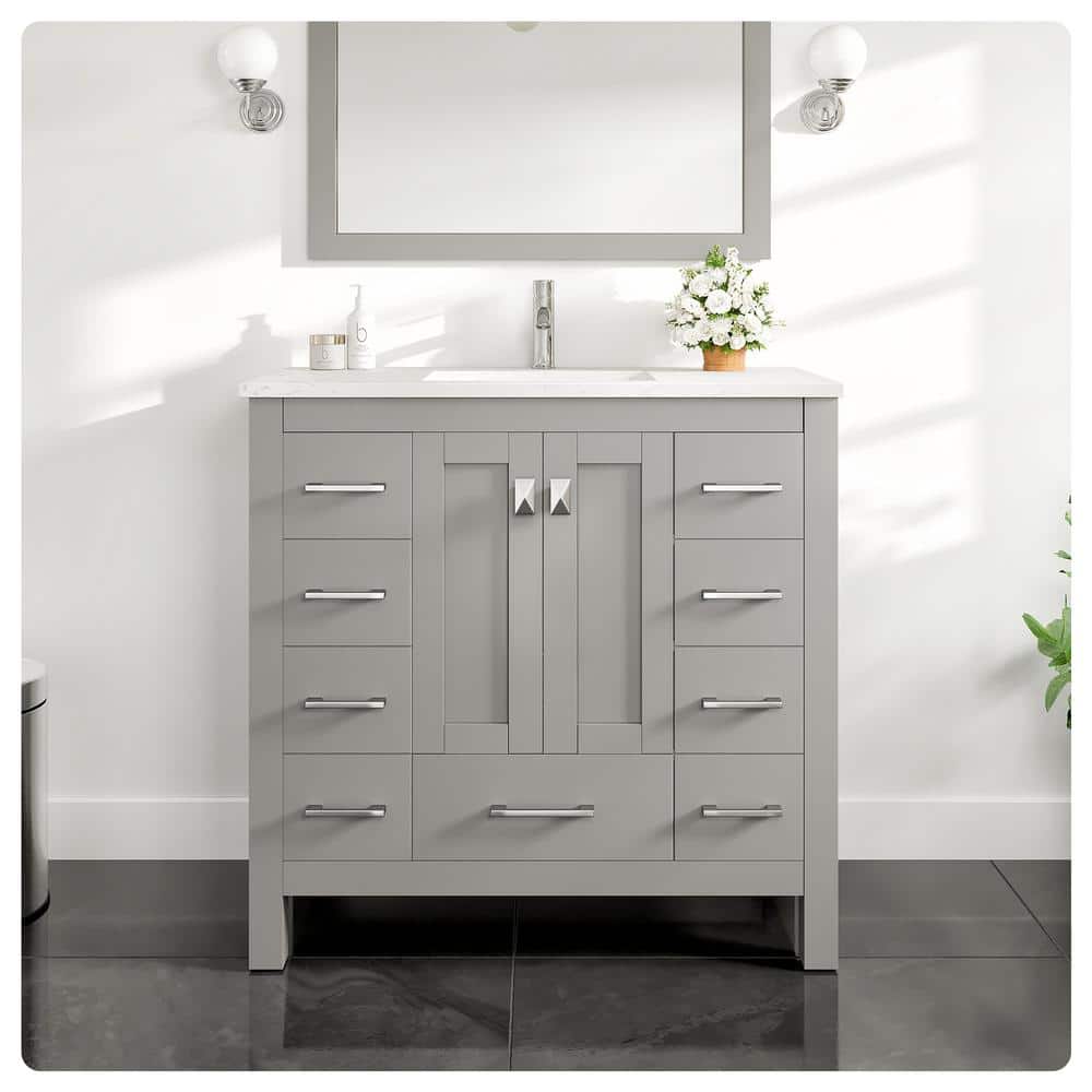 Eviva Hampton 36 in. W. x 18 in. D x 34 in. H Bathroom Vanity in Gray with White Quartz Vanity Top and White Undermount Sink