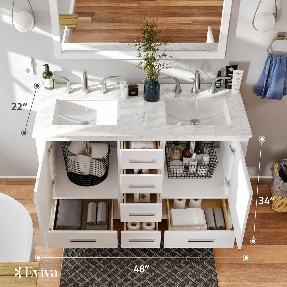 Eviva Aberdeen 48 in. W x 22 in. D x 34 in. H Double Bath Vanity in White with White Carrara Marble Top with White Sinks