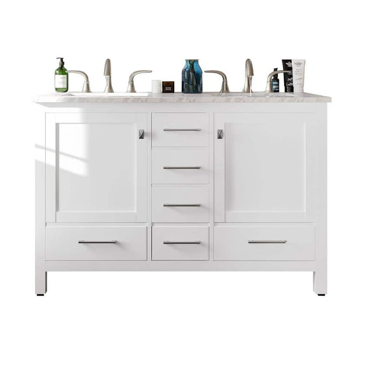 Eviva Aberdeen 48 in. W x 22 in. D x 34 in. H Double Bath Vanity in White with White Carrara Marble Top with White Sinks