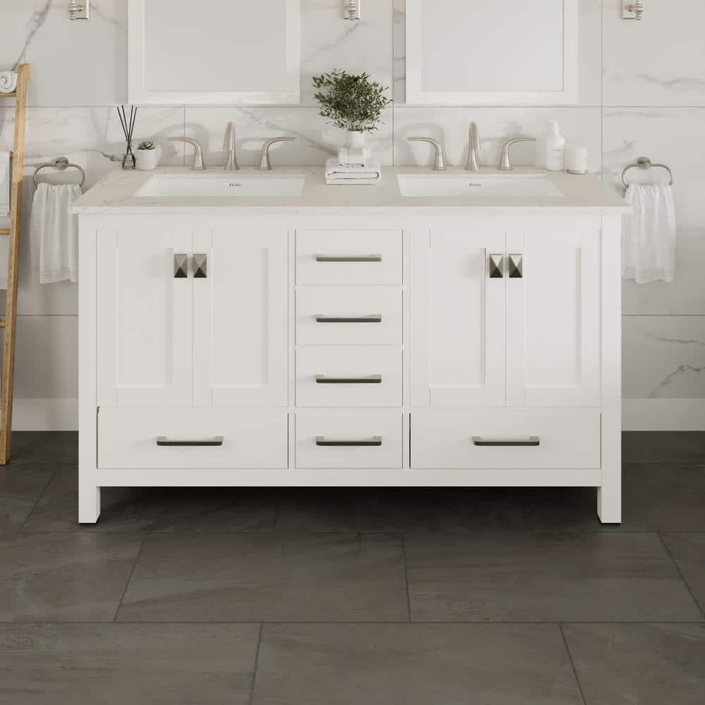 Eviva Aberdeen 60 in. W x 22 in. D x 34 in. H Double Bath Vanity in White with White Carrara Quartz Top with White Sinks