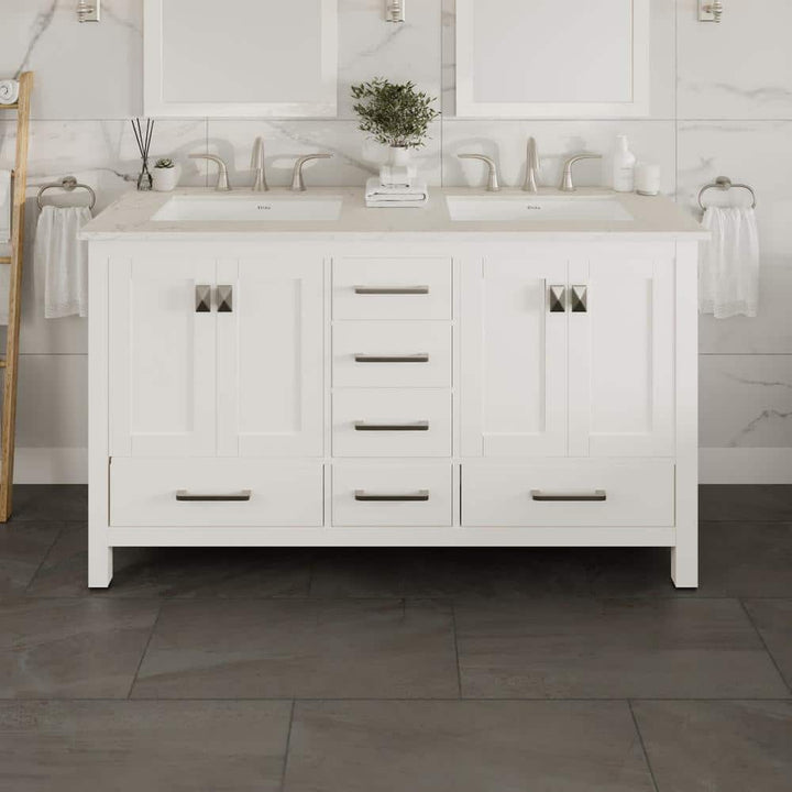 Eviva Aberdeen 60 in. W x 22 in. D x 34 in. H Double Bath Vanity in White with White Carrara Quartz Top with White Sinks