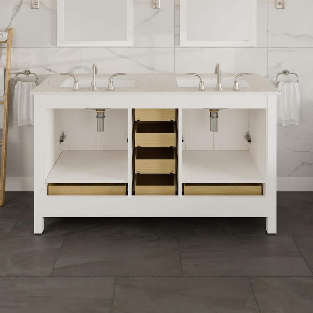 Eviva Aberdeen 60 in. W x 22 in. D x 34 in. H Double Bath Vanity in White with White Carrara Quartz Top with White Sinks