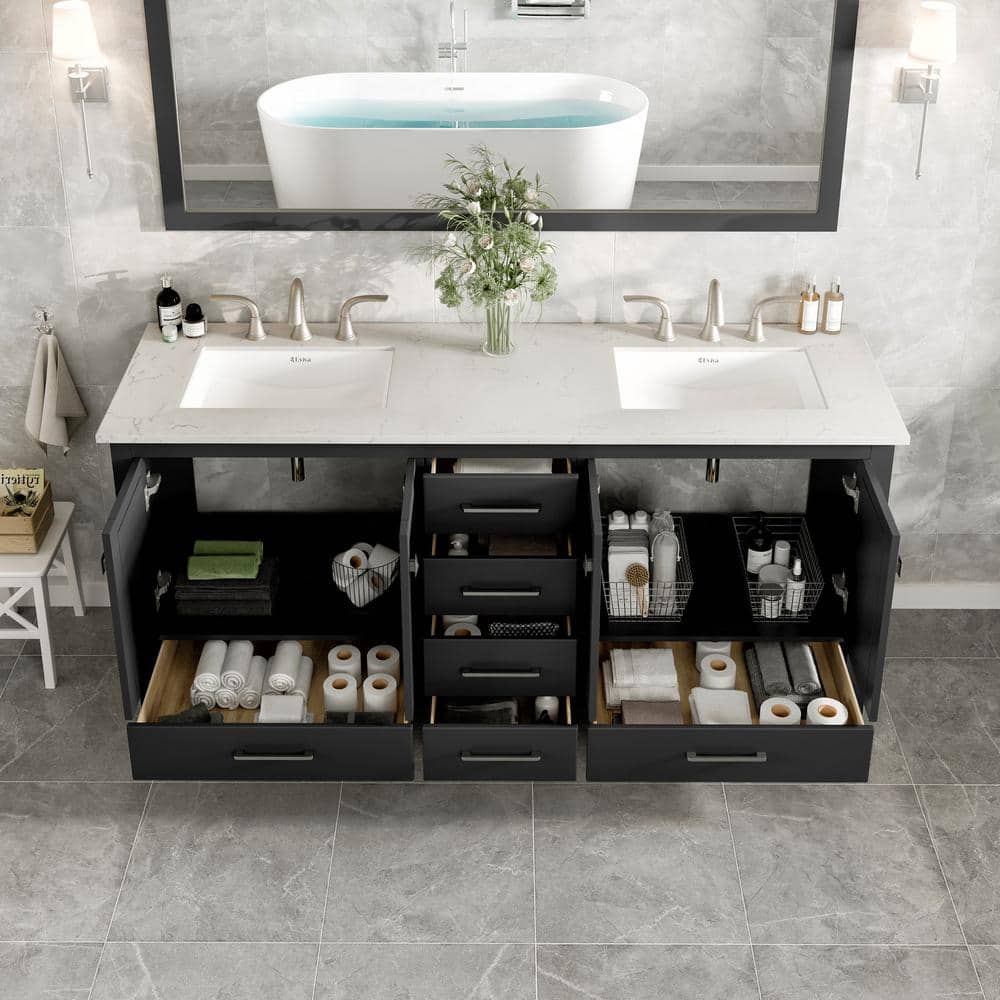 Eviva Aberdeen 72 in. W x 22 in. D x 34 in. H Double Sink Freestanding Bath Vanity in Espresso with White Carrara Quartz Top