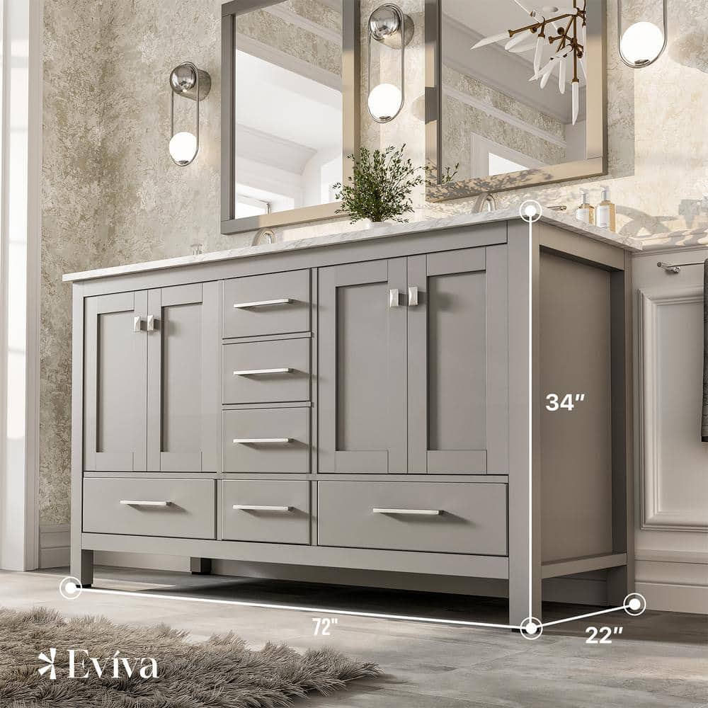 Eviva Aberdeen 72 in. W x 22 in. D x 34 in. H Double Bath Vanity in Gray with White Carrara Marble Top with White Sinks