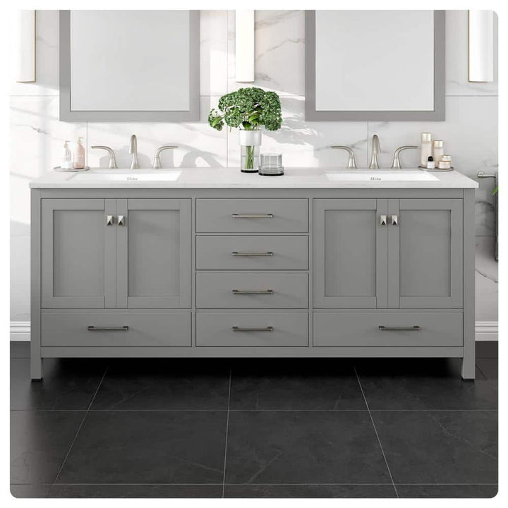Eviva Aberdeen 78 in. W x 22 in. D x 34 in. H Double Bath Vanity in Gray with Carrara Quartz Top with White Sinks