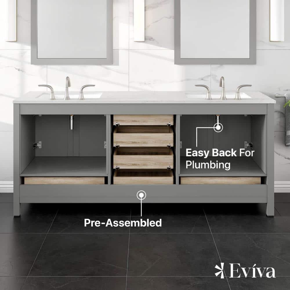 Eviva Aberdeen 78 in. W x 22 in. D x 34 in. H Double Bath Vanity in Gray with Carrara Quartz Top with White Sinks