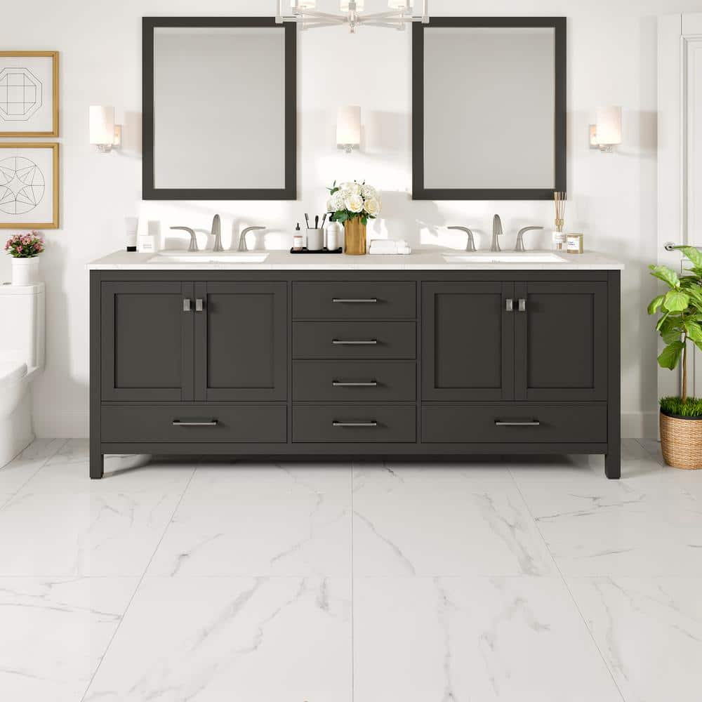 Eviva Aberdeen 84 in. W x 22 in. D x 34 in. H Double Bath Vanity in Espresso with White Carrara Marble Top and White Undermount Sinks