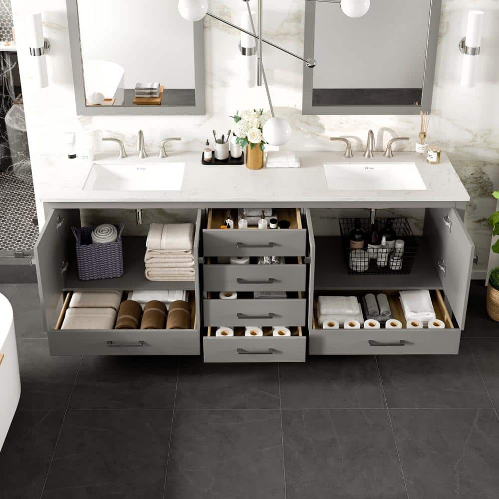 Eviva Aberdeen 84 in. W x 22 in. D x 35 in. H Double Bath Vanity in Gray with White Carrara Quartz Top with White Sinks