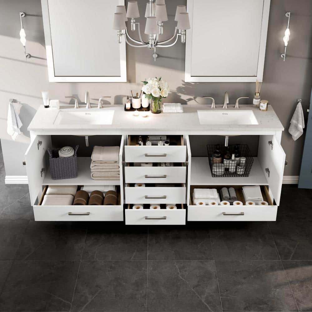 Eviva Aberdeen 84 in. W x 22 in. D x 35 in. H Double Bath Vanity in Gray with White Carrara Marble Top and White Undermount Sinks