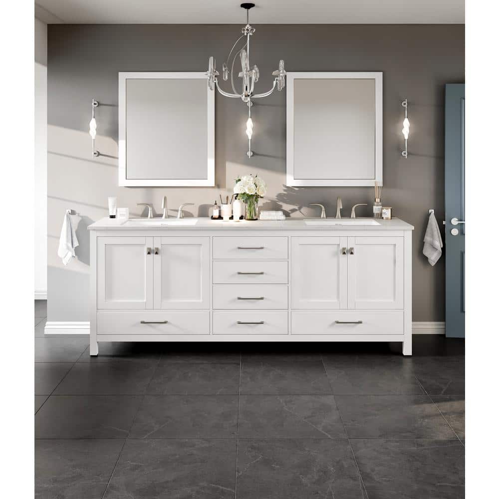 Eviva Aberdeen 84 in. W x 22 in. D x 35 in. H Double Bath Vanity in Gray with White Carrara Marble Top and White Undermount Sinks
