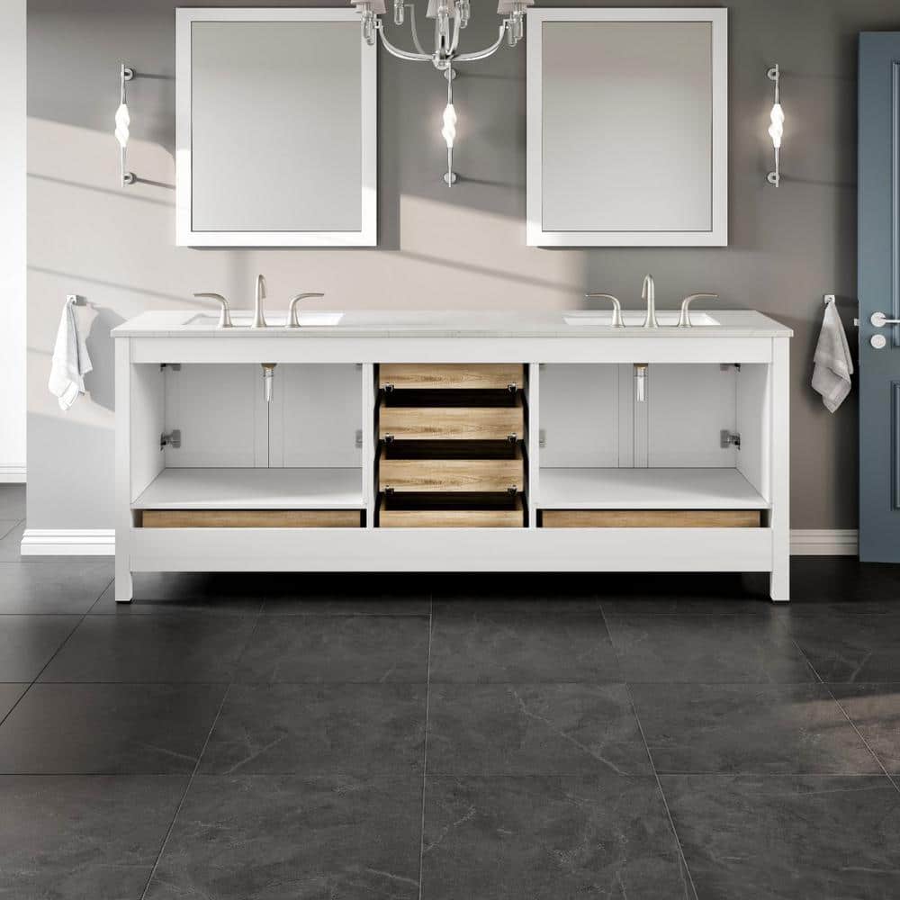 Eviva Aberdeen 84 in. W x 22 in. D x 34 in. H Double Bath Vanity in White with White Carrara Quartz Top with White Sink