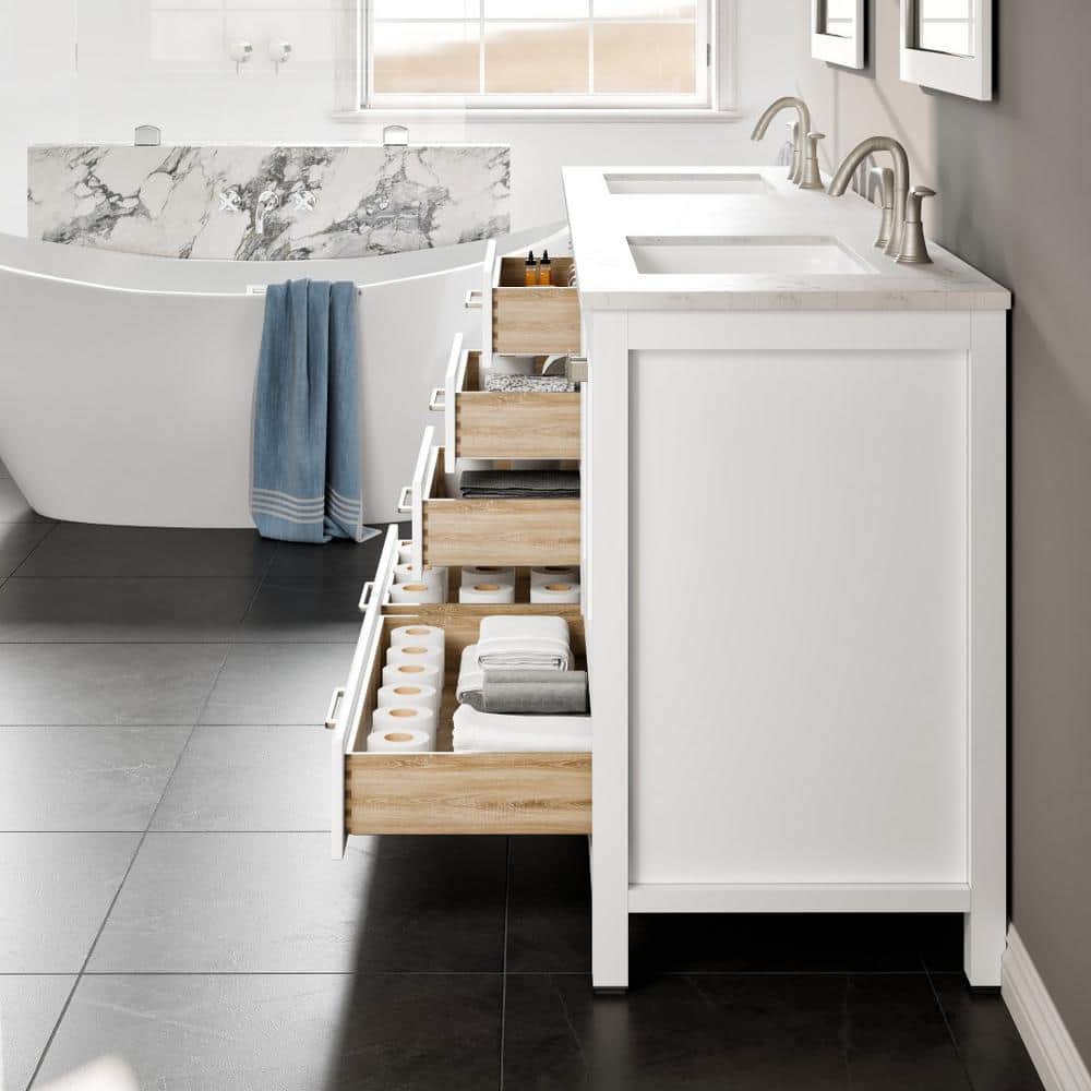 Eviva Aberdeen 84 in. W x 22 in. D x 35 in. H Double Bath Vanity in Gray with White Carrara Marble Top and White Undermount Sinks