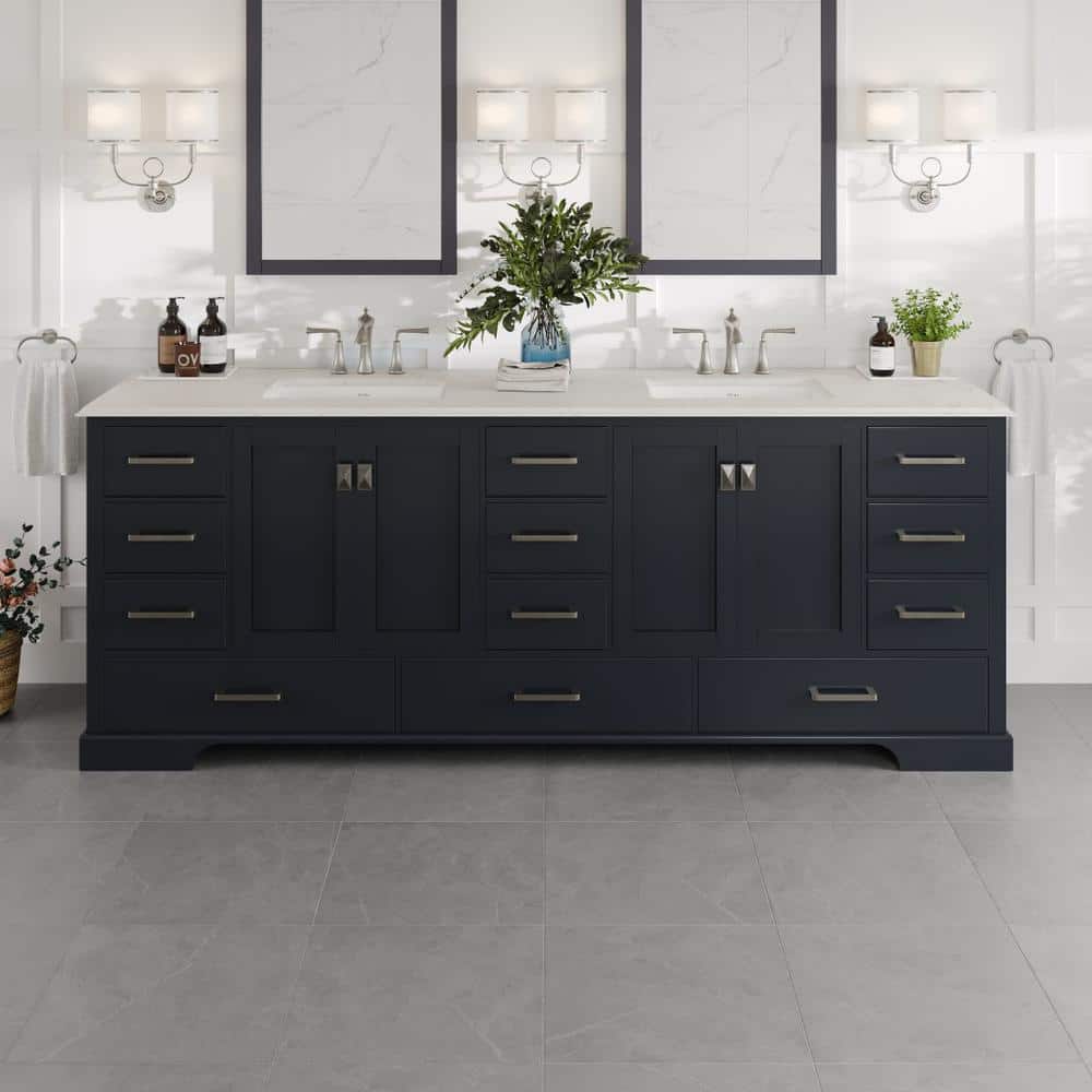 Eviva Storehouse 84 in. W x 22 in. D Dark Gray Bathroom Vanity with White Carrara Quartz Top and Rectangular Undermount Sinks