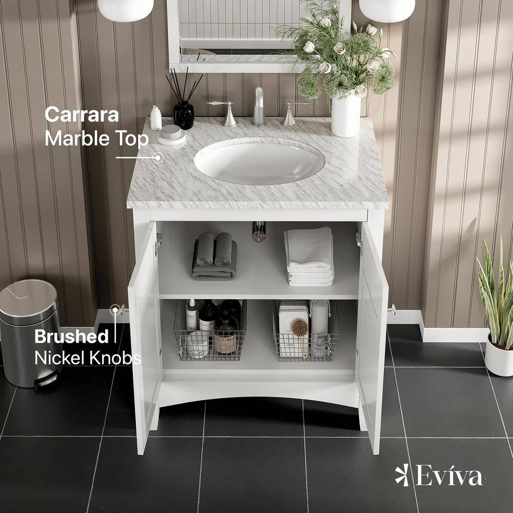 Eviva New York 30 in. W x 22 in. D x 34 in. H Bathroom Vanity in White with White Carrara Marble Top with White Sink