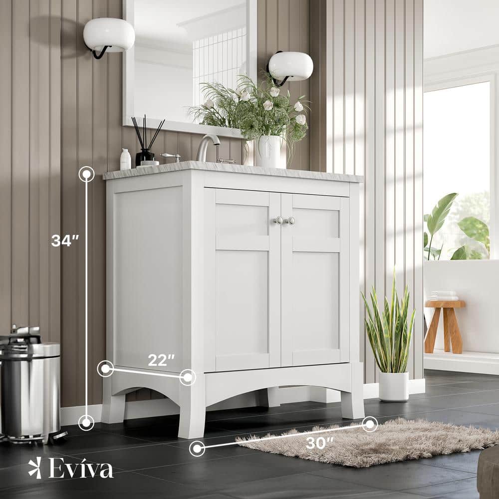 Eviva New York 30 in. W x 22 in. D x 34 in. H Bathroom Vanity in White with White Carrara Marble Top with White Sink