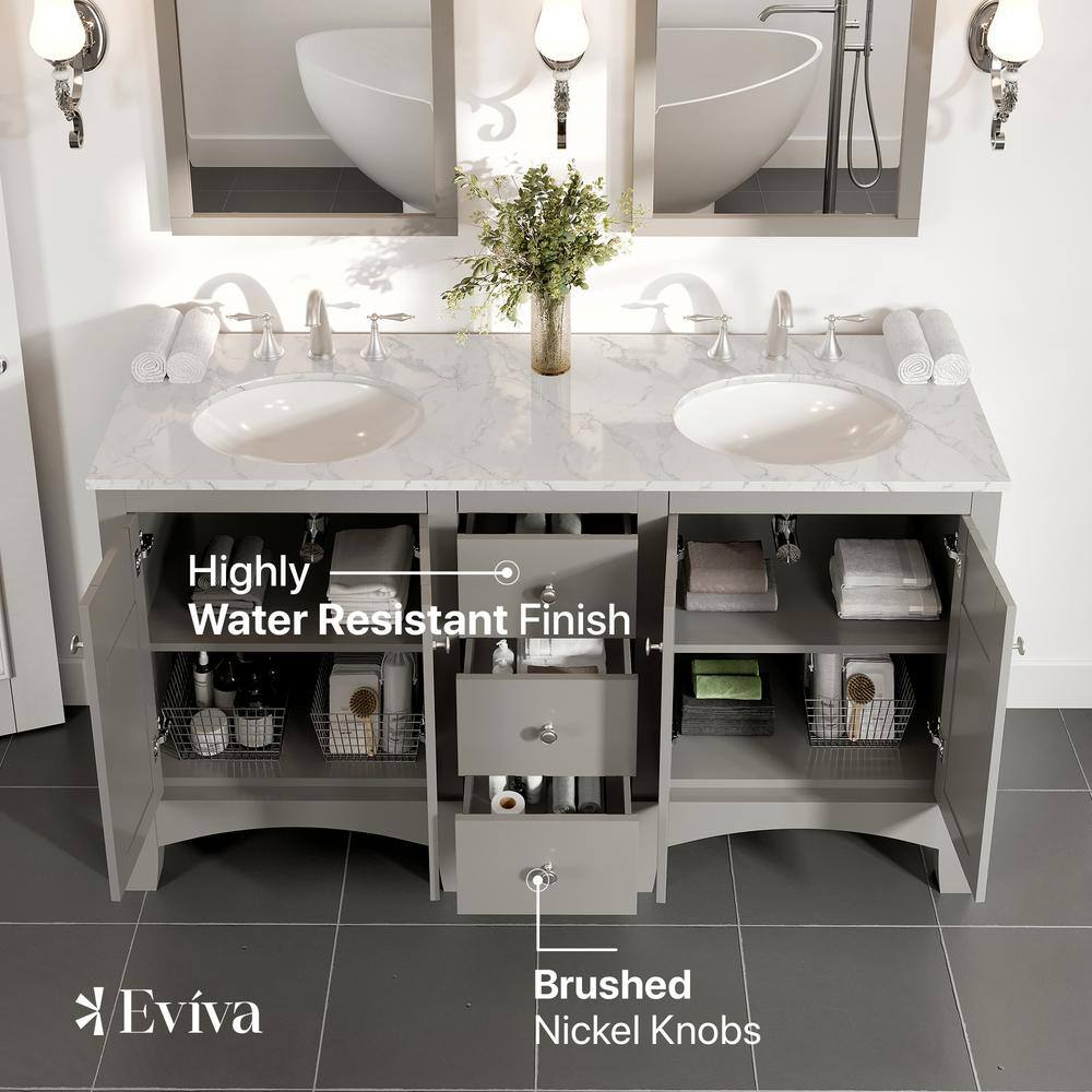 Eviva New York 60 in. W x 22 in. D x 34 in. H Bathroom Vanity in Gray with White Carrara Marble Vanity Top with White Sink