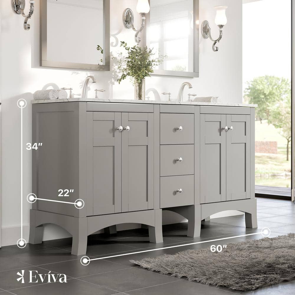 Eviva New York 60 in. W x 22 in. D x 34 in. H Bathroom Vanity in Gray with White Carrara Marble Vanity Top with White Sink
