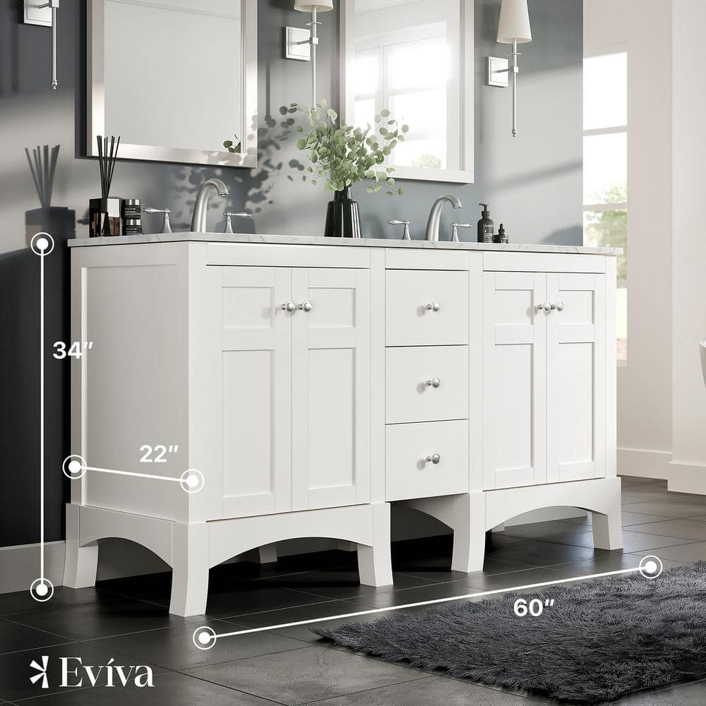 New Jersey 60 in. W x 22 in. D x 34 in. H Freestanding Double Sinks Bath Vanity in White with White Carrara Marble Top