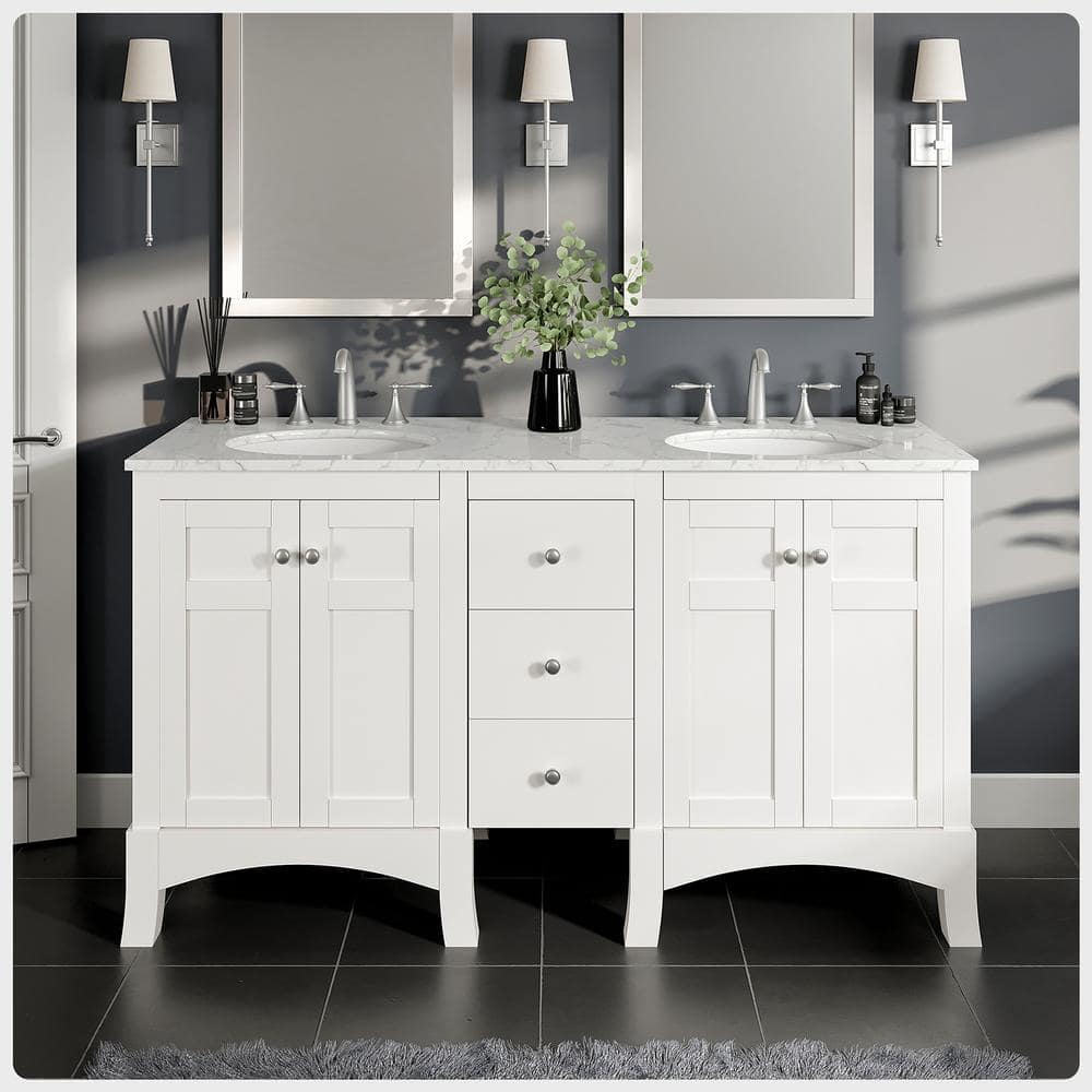 New Jersey 60 in. W x 22 in. D x 34 in. H Freestanding Double Sinks Bath Vanity in White with White Carrara Marble Top