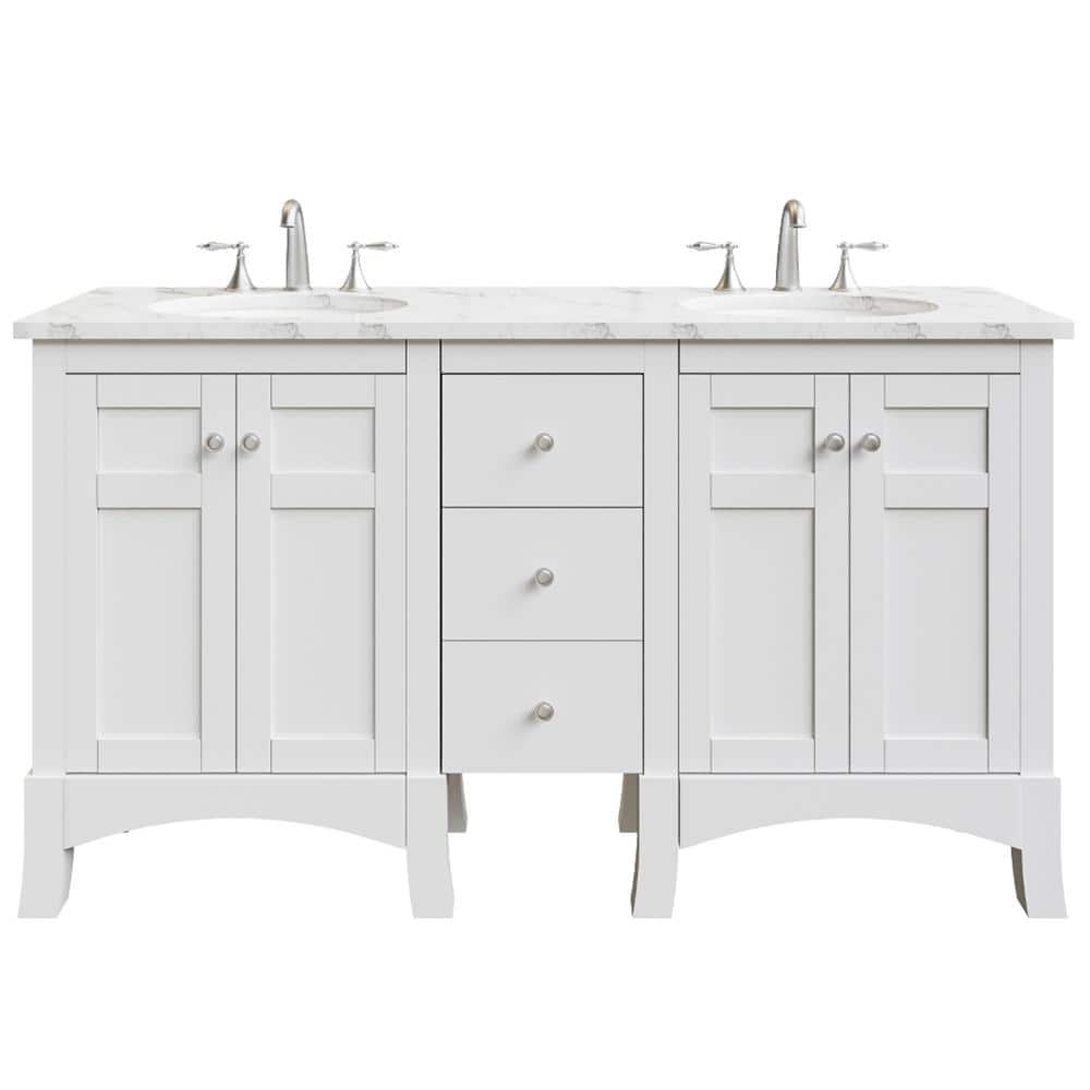 New Jersey 60 in. W x 22 in. D x 34 in. H Freestanding Double Sinks Bath Vanity in White with White Carrara Marble Top