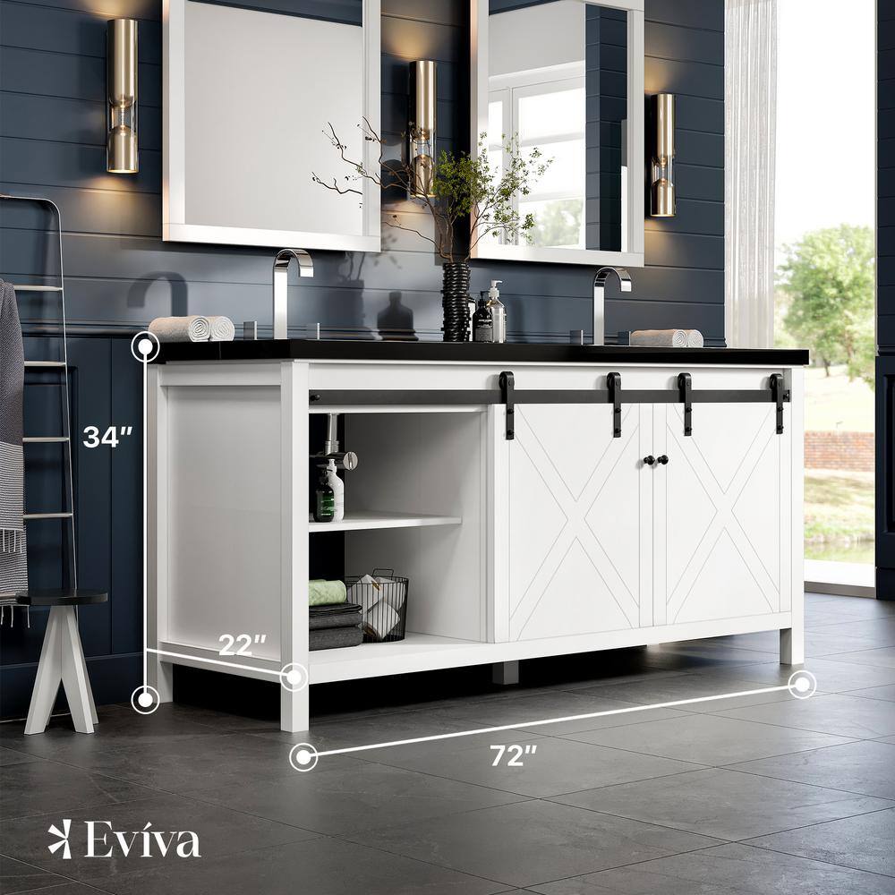 Eviva Dallas 72 in. W x 22 in. D x 34 in. H Double Bath Vanity in White with Black Granite Top with Black Sinks