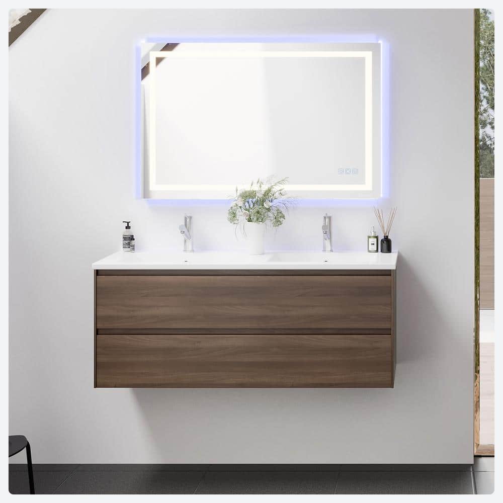 Eviva Bloom 48 in. W x 18 in. D x 34 in. H Double-Sink Floating Bath Vanity in Walnut with White Porcelain Top