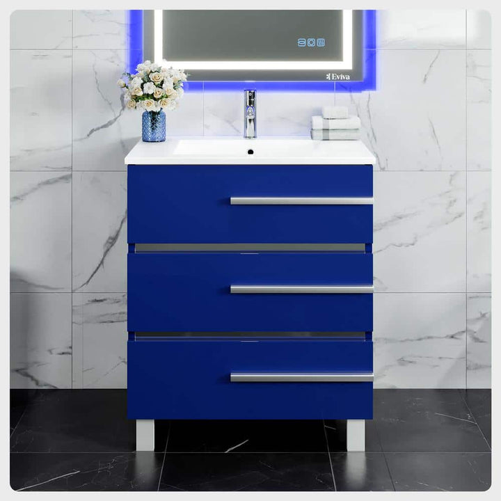 Eviva Deluxe 32 in. W x 18 in. D x 34 in. H Single Freestanding Bath Vanity in Blue with White Porcelain Integrated Sink Top