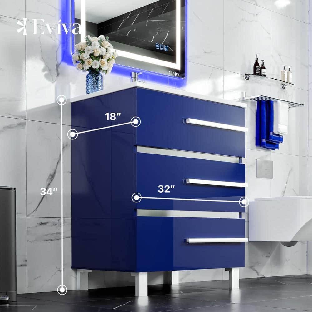 Eviva Deluxe 32 in. W x 18 in. D x 34 in. H Single Freestanding Bath Vanity in Blue with White Porcelain Integrated Sink Top