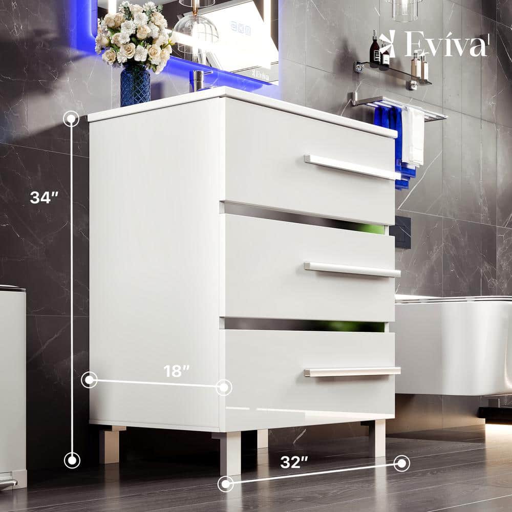 Eviva Deluxe 32 in. W x 18 in. D x 34 in. H Single Freestanding Bath Vanity in White with White Porcelain Integrated Sink Top