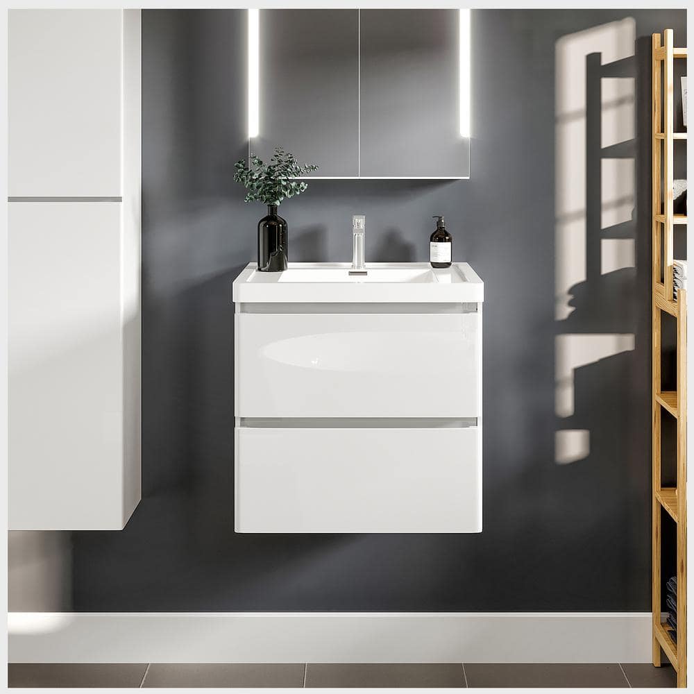 Glazzy 24 in. W x 16 in. D x 25 in. H Floating Bathroom Vanity in White with White Acrylic Top with White Sink