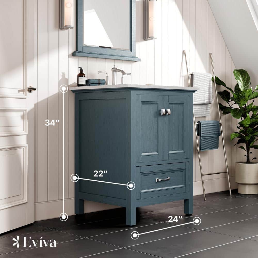 Eviva Britney 24 in. W x 22 in. D x 34 in. H Freestanding Bath Vanity in Ash Blue with White Carrara Marble Top