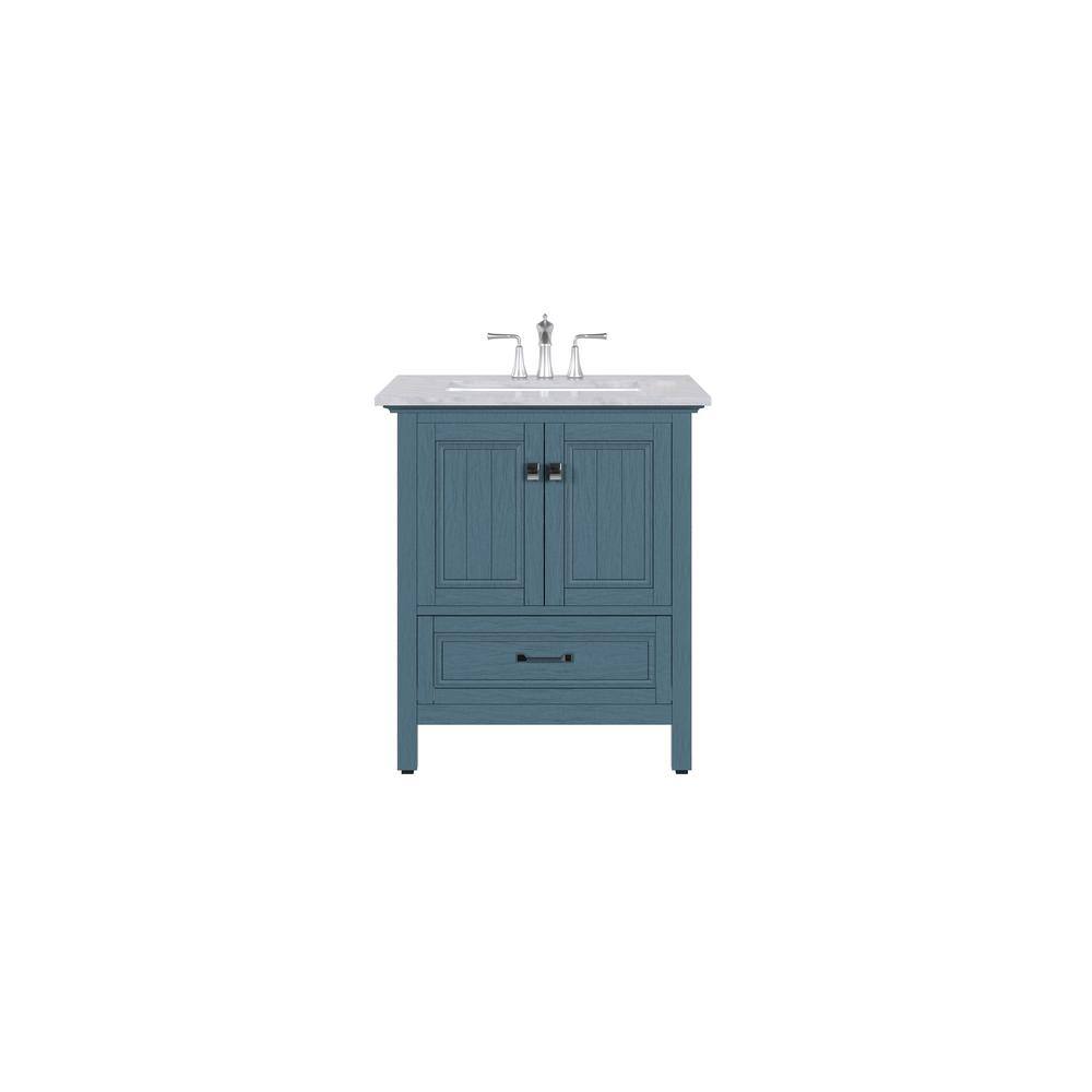Eviva Britney 30 in. W x 22 in. D x 34 in. H Single Freestanding Bathroom Vanity in Ash Blue with White Carrara Marble Top
