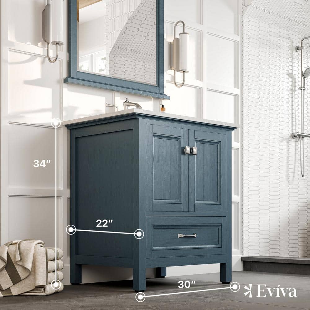 Eviva Britney 30 in. W x 22 in. D x 34 in. H Single Freestanding Bathroom Vanity in Ash Blue with White Carrara Marble Top