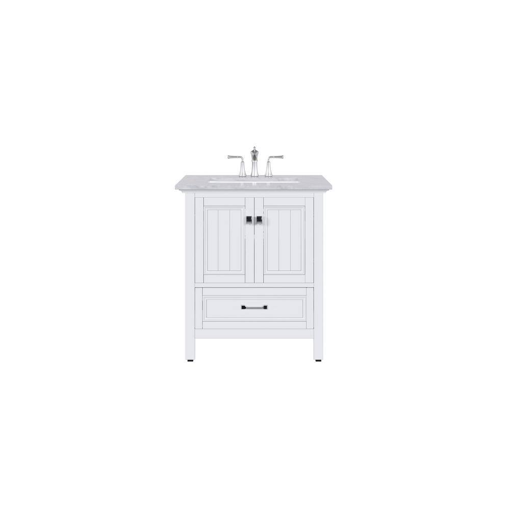 Eviva Britney 30 in. W x 22 in. D x 34 in. H Single Freestanding Bathroom Vanity in White with White Carrara Marble Top