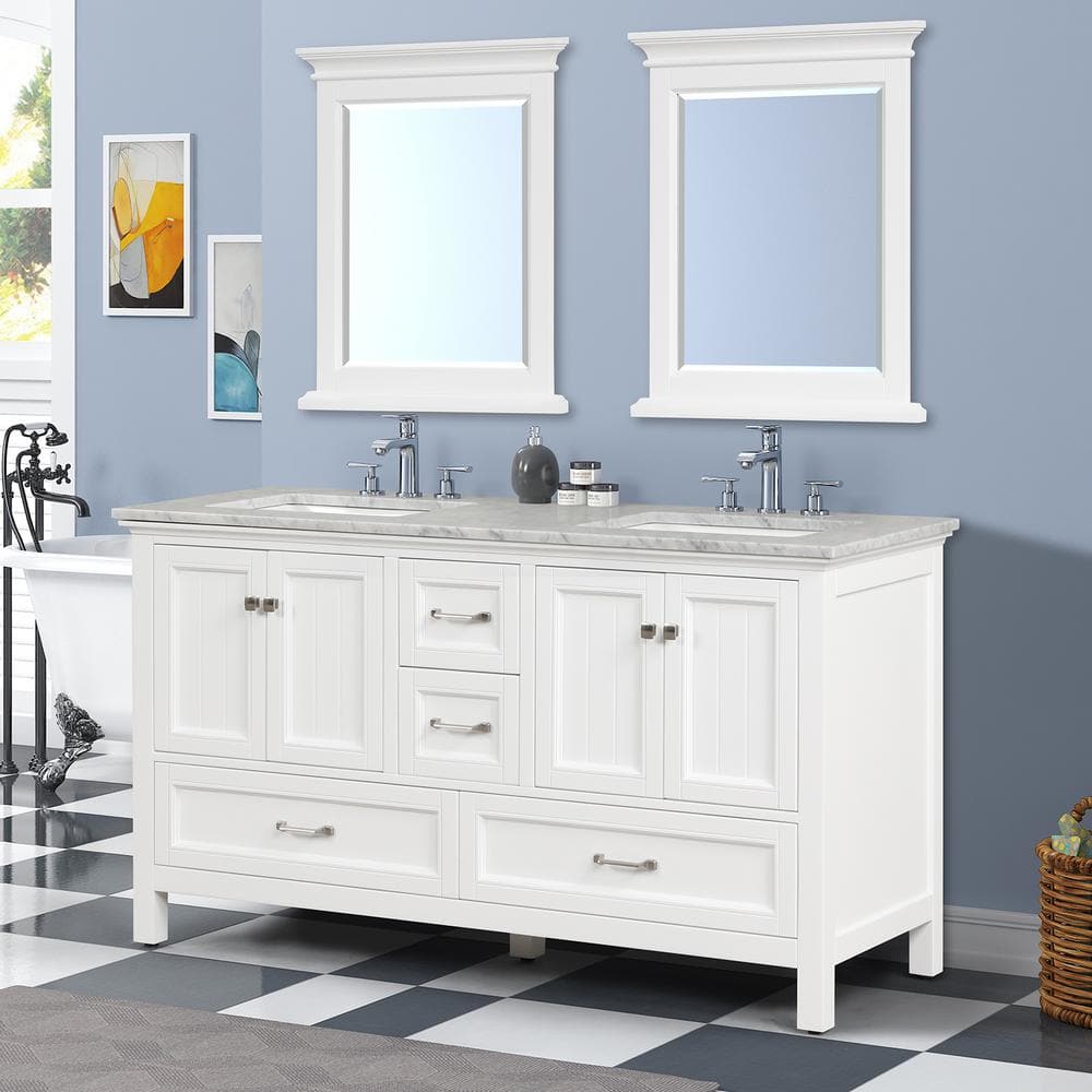 Britney 72 in. W x 22 in. D x 34 in. H Bath Vanity in White with Carrara Marble Top in White with White Double Sinks