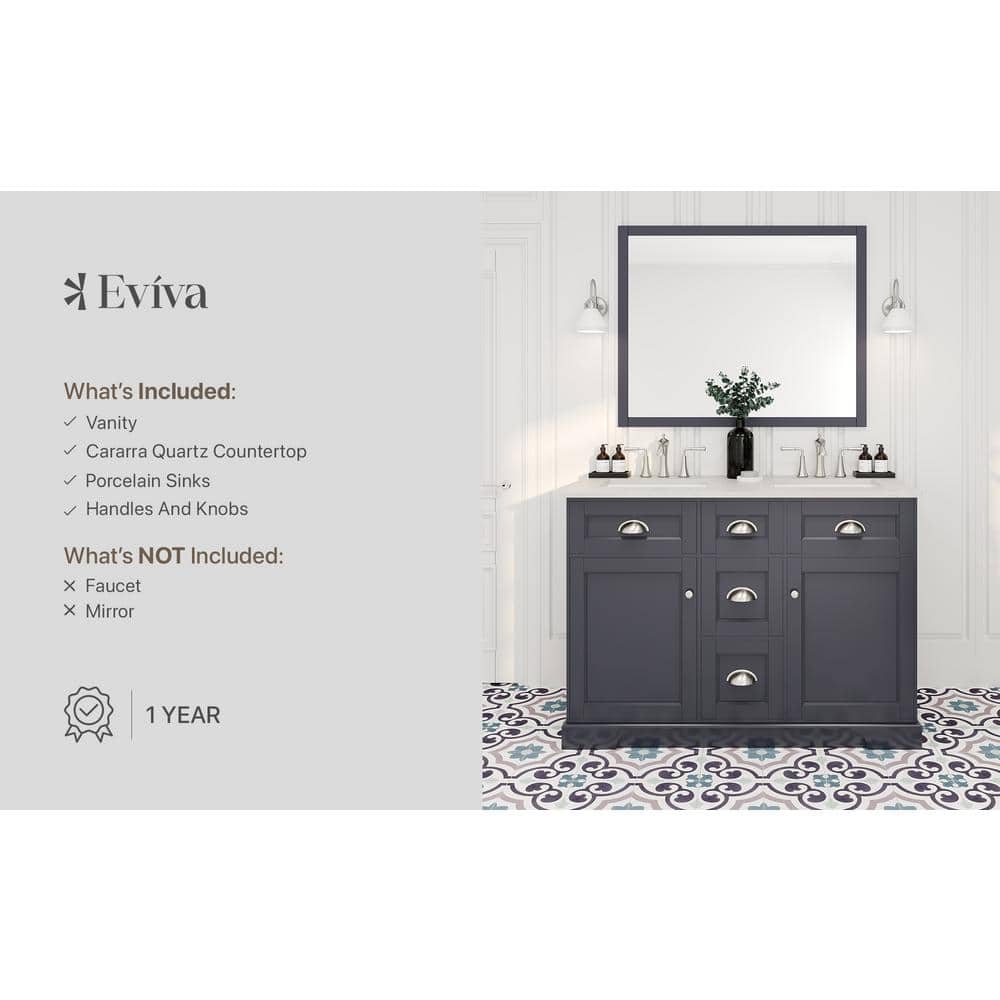 Eviva Epic 48 in. W x 22 in. D x 34 in. H Double Bathroom Vanity in Charcoal Gray with White Quartz Top and White Undermount Sinks