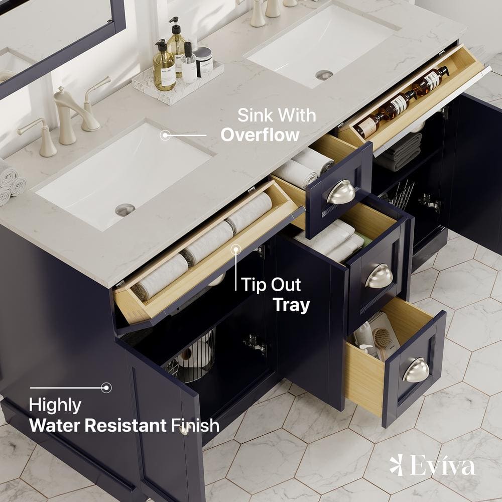 Eviva Epic 60 in. W x 22 in. D x 34 in. H Double Bathroom Vanity in Charcoal Gray with White Carrara Quartz Top and White Undermount Sinks