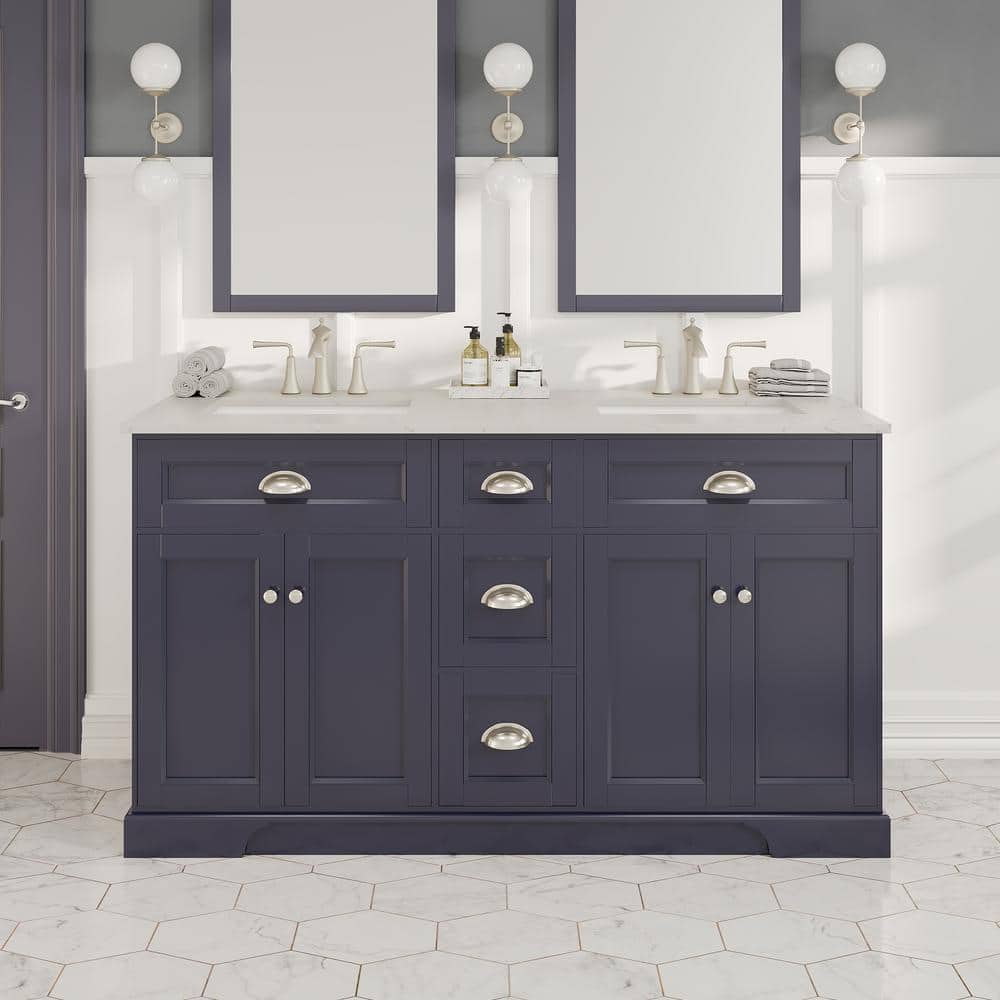 Eviva Epic 60 in. W x 22 in. D x 34 in. H Double Bathroom Vanity in Charcoal Gray with White Carrara Quartz Top and White Undermount Sinks
