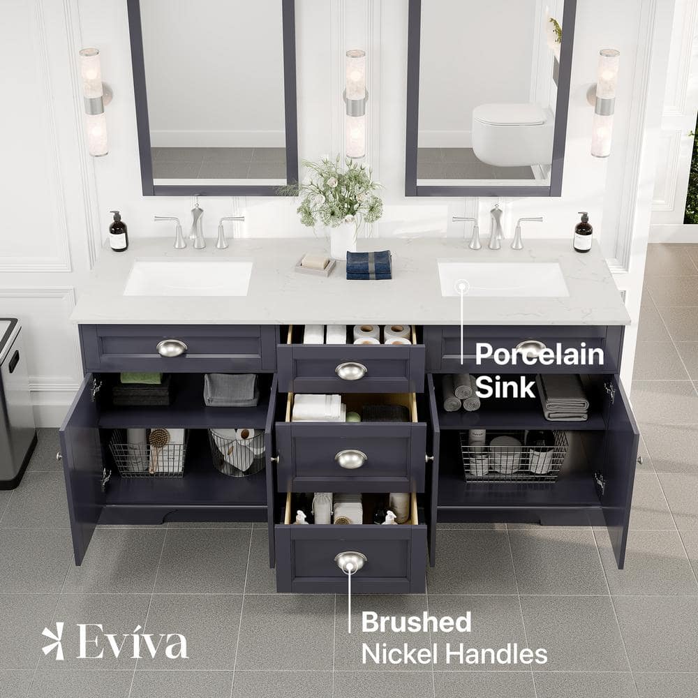 Eviva Epic 72 in. W x 22 in. D x 34 in. H Double Bathroom Vanity in Charcoal Gray with White Marble Top and White Undermount Sinks