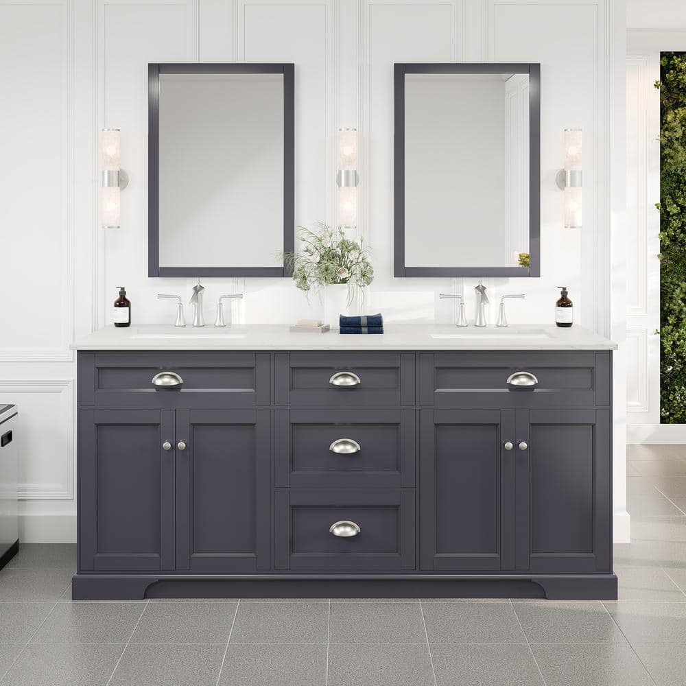 Eviva Epic 72 in. W x 22 in. D x 34 in. H Double Bathroom Vanity in Charcoal Gray with White Marble Top and White Undermount Sinks