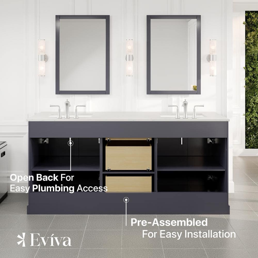 Eviva Epic 72 in. W x 22 in. D x 34 in. H Double Bathroom Vanity in Charcoal Gray with White Marble Top and White Undermount Sinks