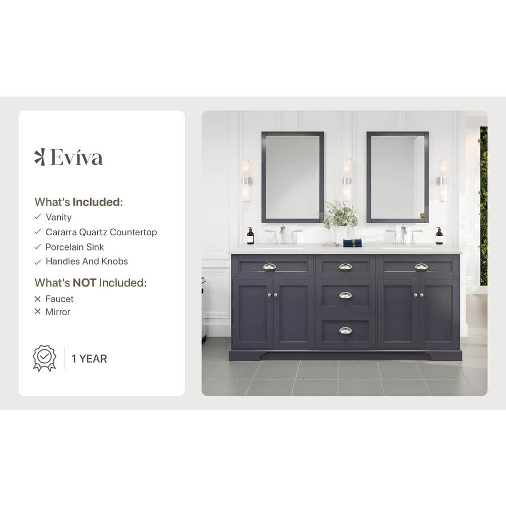 Eviva Epic 72 in. W x 22 in. D x 34 in. H Double Bathroom Vanity in Charcoal Gray with White Marble Top and White Undermount Sinks
