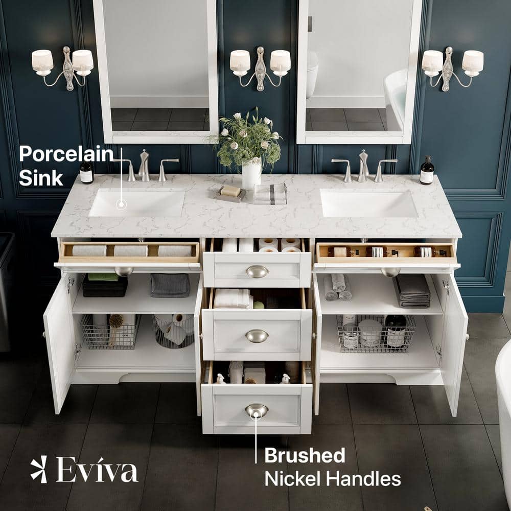 Eviva Epic 72 in. W x 22 in. D x 34 in. H Double Bathroom Vanity in White with White Carrara Quartz Top and White Undermount Sinks